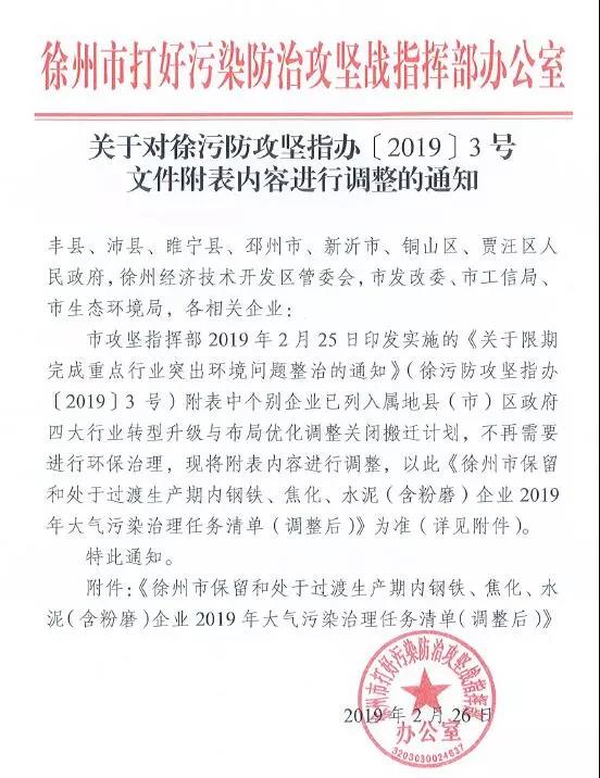 《徐州處于保留和過渡期內(nèi)鋼鐵、水泥、焦化企業(yè)2019年大氣污染治理任務(wù)清單》